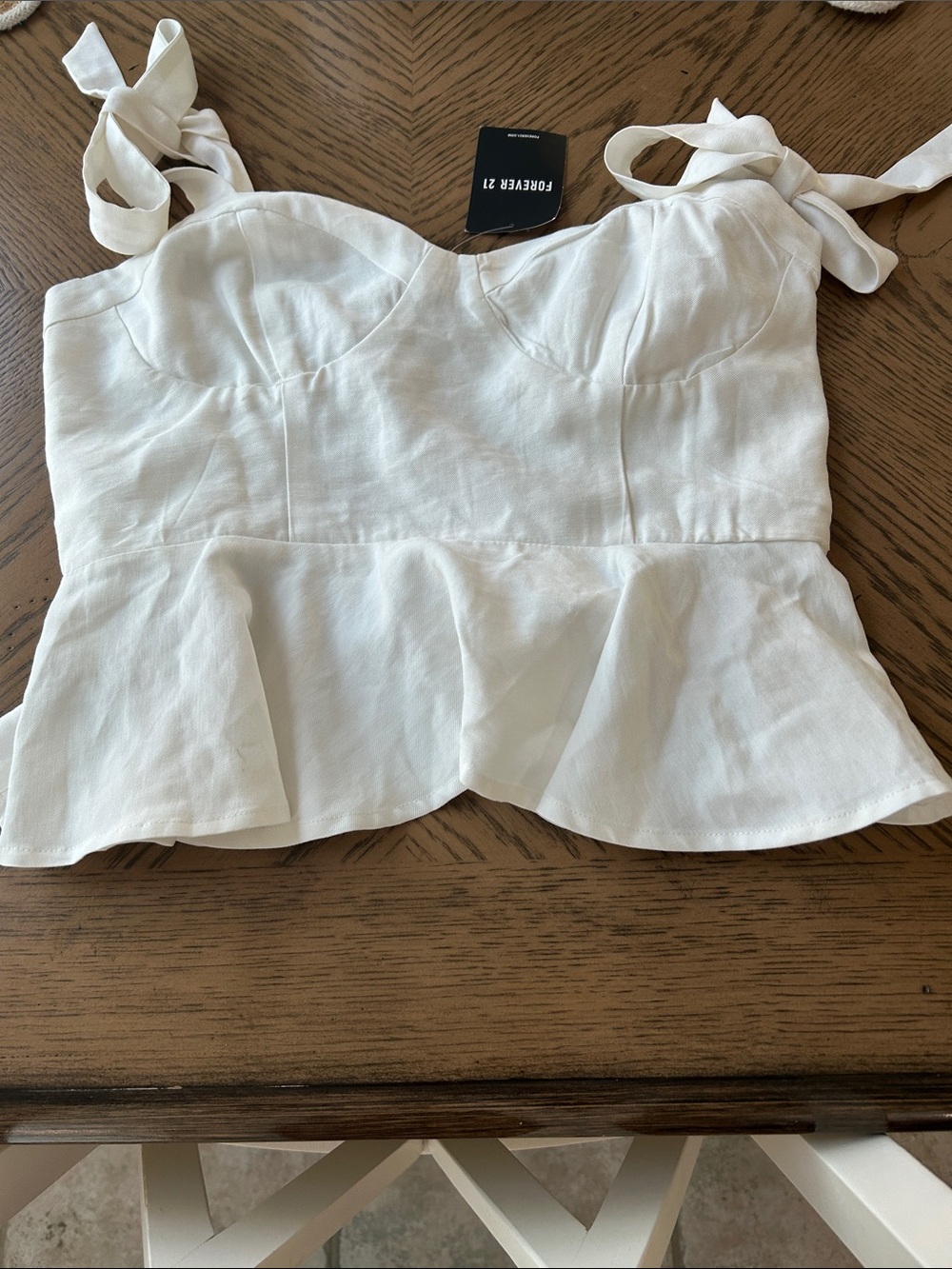 Forever 21 Cream Peplum Tie-Shoulder Crop Top